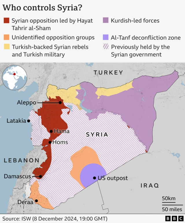 A map showing different areas controlled by different groups in Syria. A key shows Syrian opposition led by Hayat Tahrir al-Sham controllingg Aleppo, Hama, Homs and Damascus, unidentified opposition groups controlling Deraa in the south-west, Kurdish-led forces in the north-east and Turkish-backed Syrian rebels and Turkish military in some areas in the north and north-west