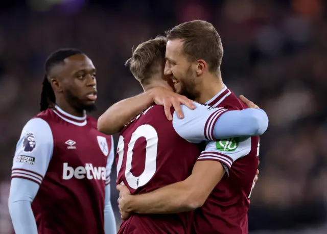 West Ham United's Tomas Soucek celebrates scoring their first goal with West Ham United's Jarrod Bowen