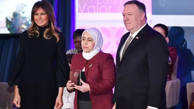 Amneh Khoulani with former first lady Melania Trump and ex-US secretary of state Mike Pompeo when she received the International Women of Courage (IWOC) Award in 2020.