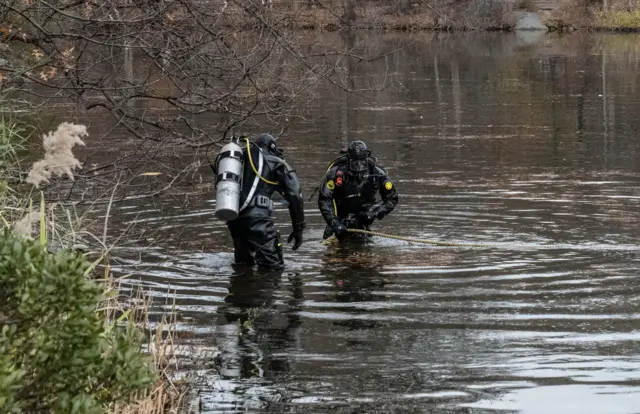 The New York City police department conducts an aquatic search for evidence near Bethesda Fountain in Central Park on December 9, 2024 in New York City