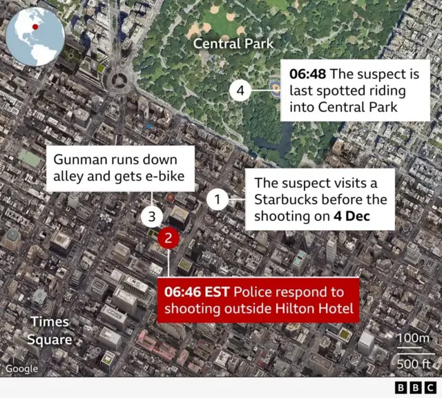 Graphic showing movements during the morning that Brian Thompson was killed