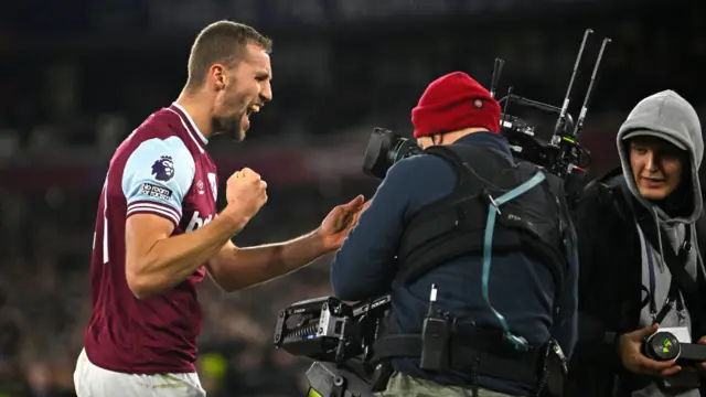 Tomas Soucek of West Ham United sends a message of support to team mate Michail Antonio