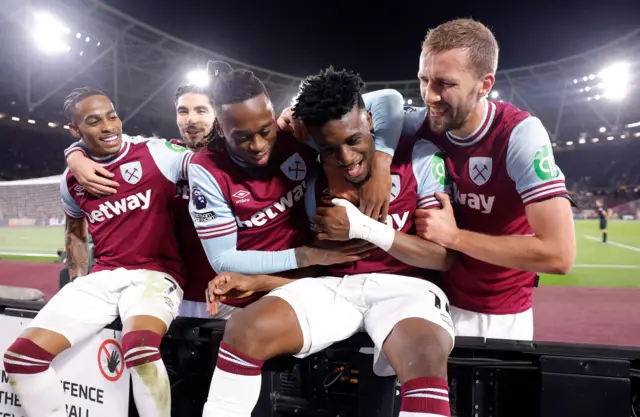 West Ham United's Mohammed Kudus celebrates scoring their second goal with teammates later disallowed after a VAR review