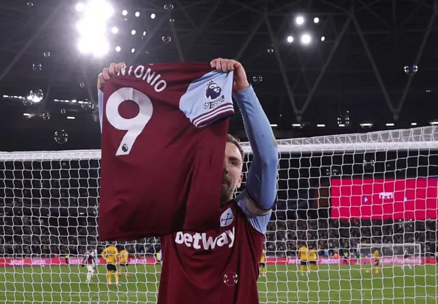 West Ham United's Jarrod Bowen celebrates scoring their second goal with the jersey number nine in support of teammate Michail Antonio after he was injured in a car accident