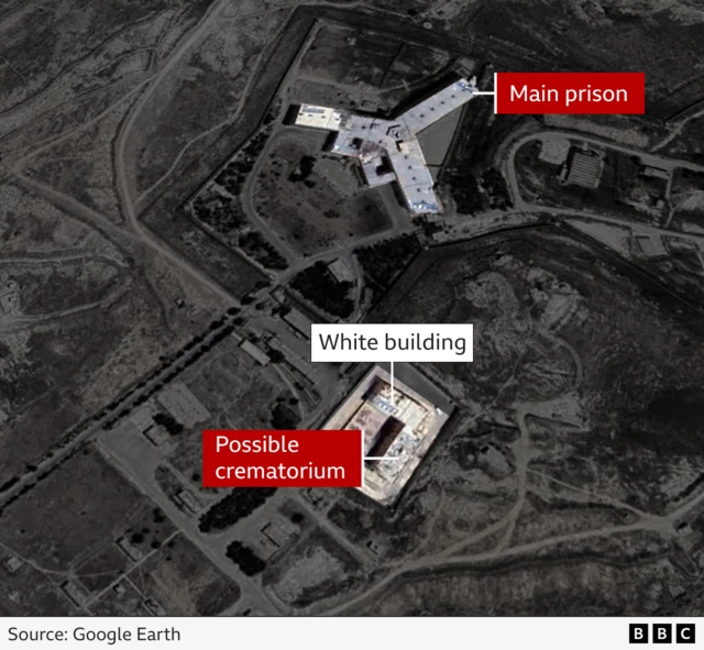 Map showing where the possible crematorium is in Saydnaya prison