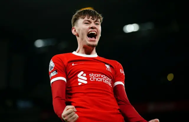 Conor Bradley celebrates scoring for Liverpool