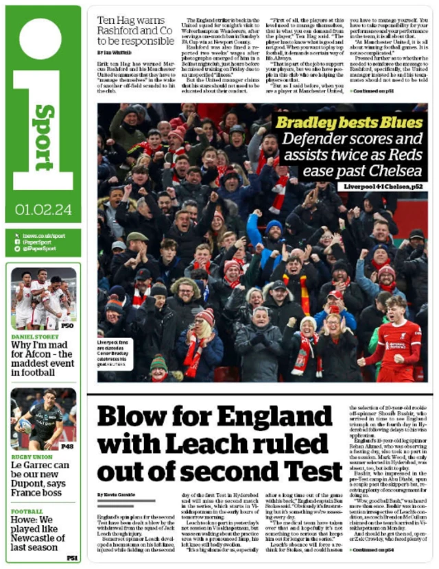 Lead sport page for the i on 1 February 2024