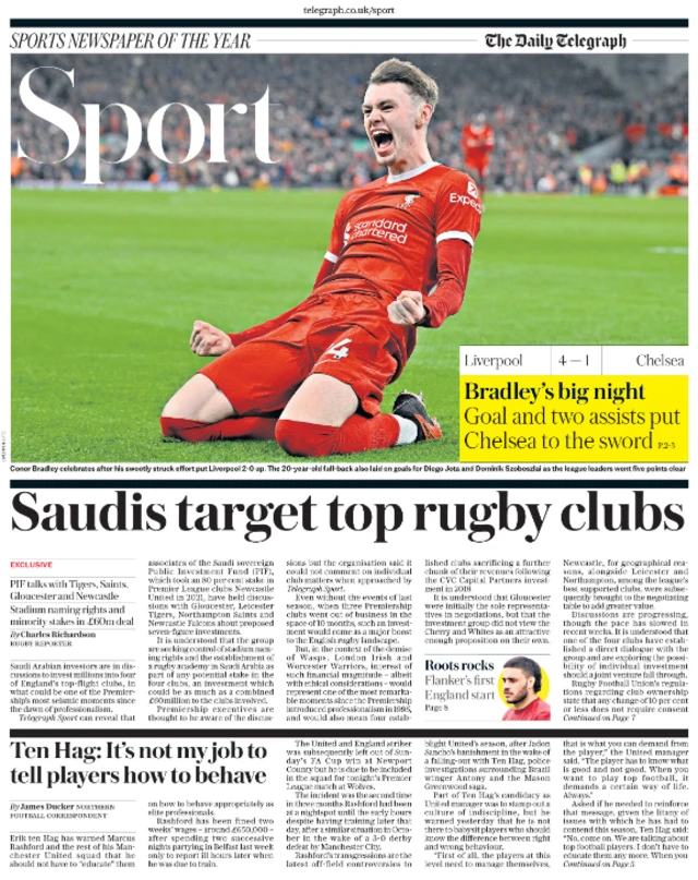 Lead sport page of the Daily Telegraph on 1 February 2024