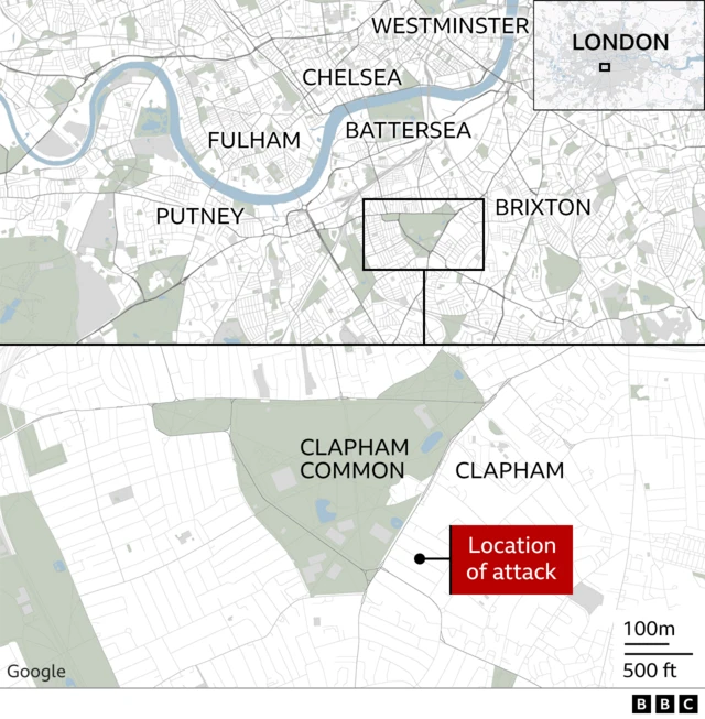 A BBC map shows the location of Clapham in south-west London - and the location of Lessar Avenue to the east of Clapham Common