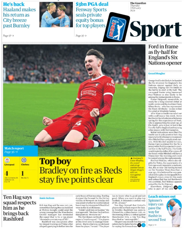 Lead sport page of the Guardian on 1 February 2024