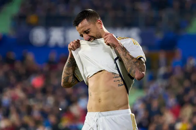 Joselu Mato of Real Madrid CF reacts to a missed chance