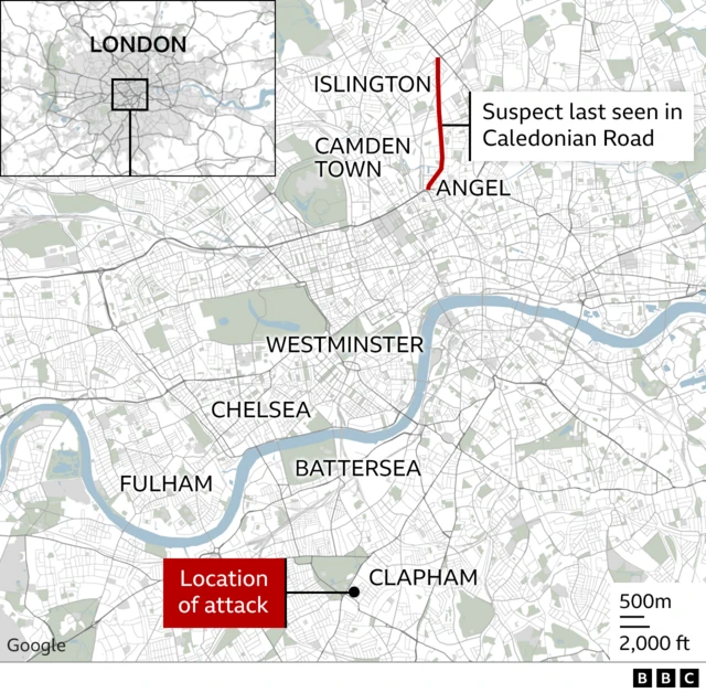 A BBC map showing the location of Wednesday's attack in Clapham, south London, and the suspect's last sighting on Caledonian Road in north London