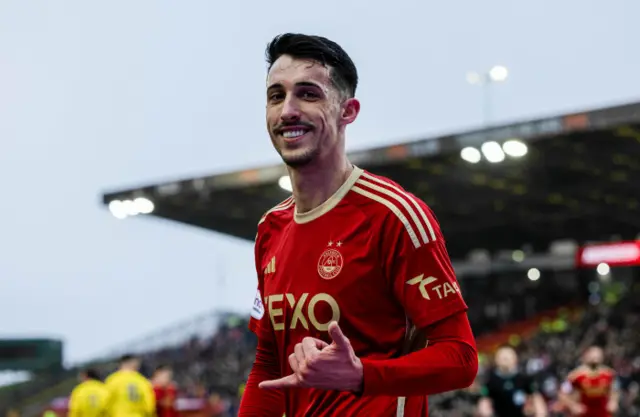 Aberdeen's Bojan Miovski celebrates scoring to make it 1-0 during a Scottish Cup Fifth Round match between Aberdeen and Bonnyrigg Rose at Pittodrie Stadium, on February 10, 2024, in Aberdeen, Scotland.