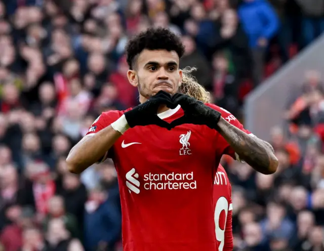 Luis Diaz celebrates after scoring for Liverpool