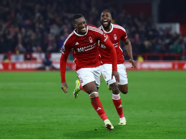 Hudson-Odoi runs to celebrate scoring the eqauliser for Forest.