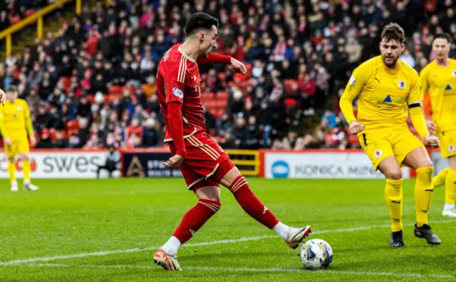 Aberdeen's Bojan Miovski scores to make it 1-0 during a Scottish Cup Fifth Round match between Aberdeen and Bonnyrigg Rose at Pittodrie Stadium, on February 10, 2024, in Aberdeen, Scotland.