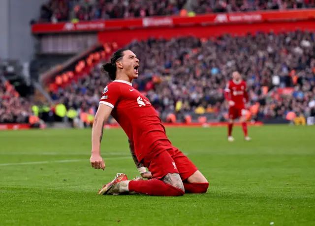 Darwin Nunez celebrates scoring for Liverpool