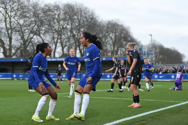 Mayra Ramirez of Chelsea celebrates with teammate Ashley Lawrence