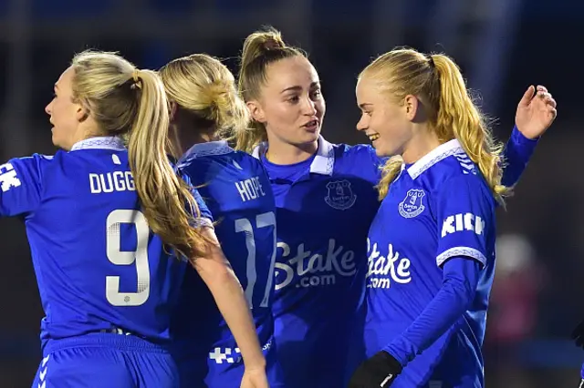 Katherine Kühl of Everton celebrates her goal with Megan Finnegan