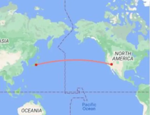 A map showing the distance from Tokyo to Las Vegas