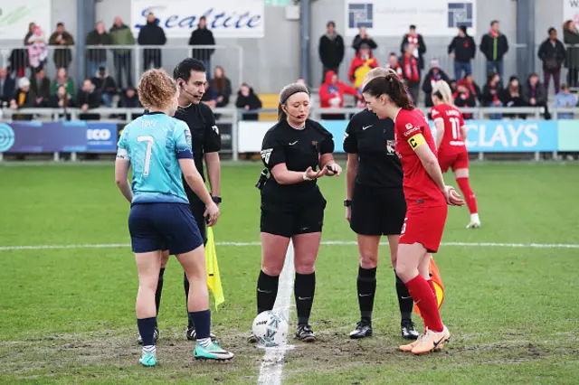 Referee Chloe-Ann Small interacts with Lois Joel of London City Lionesses and Niamh Fahey