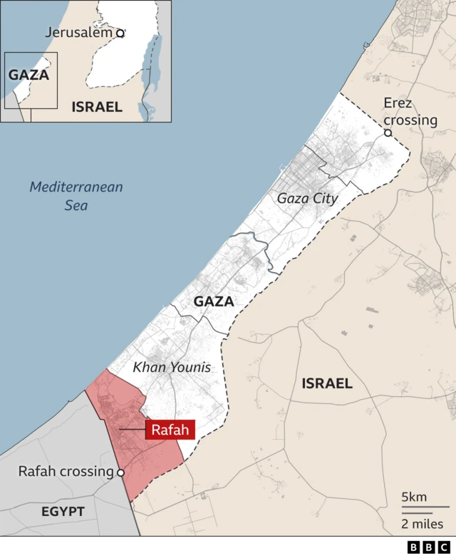 A map of Gaza Strip showing Rafah at the bottom