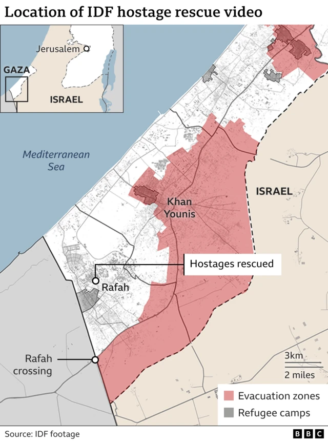 A map of the Gaza Strip showing where the hostages were rescued in Rafah