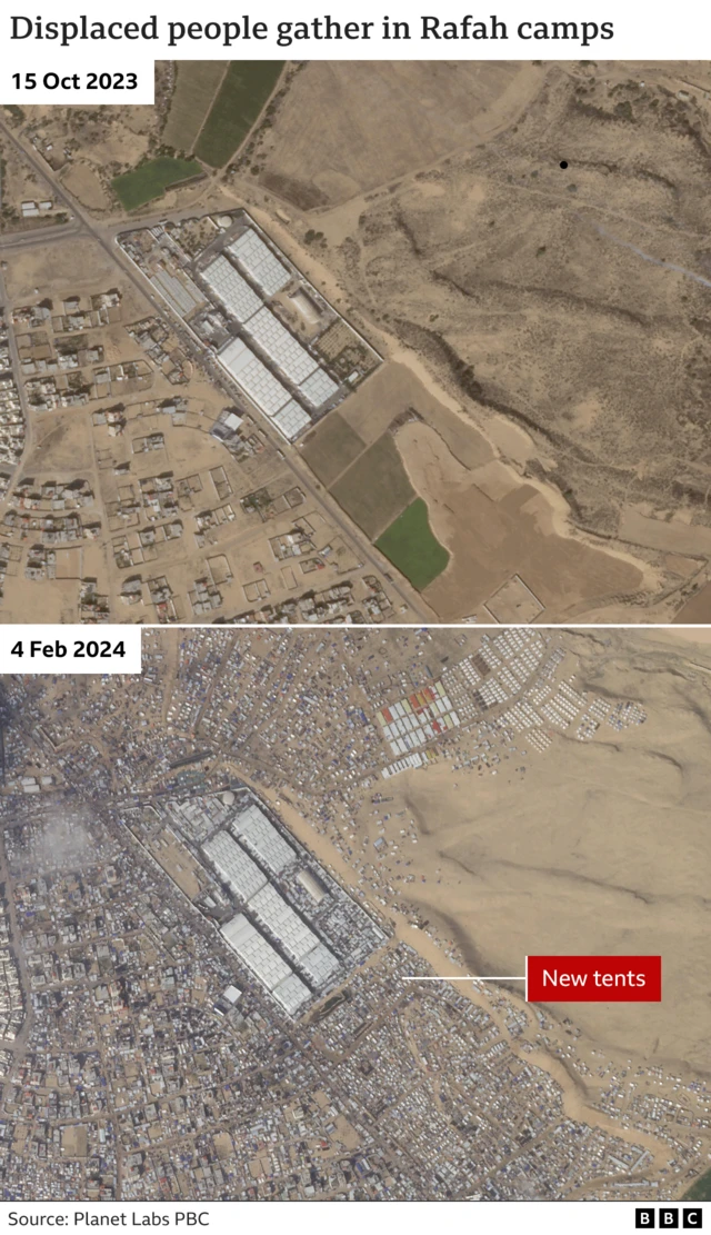 Two satellite images: one from 15 October and another from 4 February. The one from 4 February shows a rapid increase in tents and other structures.