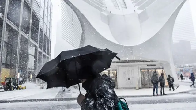 Heavy snow near the One World Trade Centre location in New York City on Tuesday morning