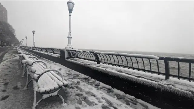 Benches, lamps, railing, water