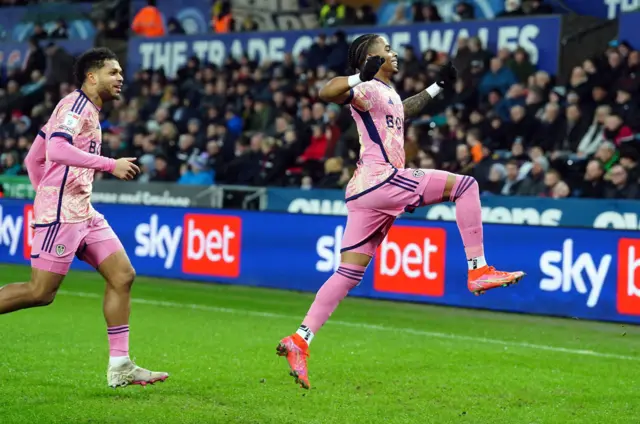 Leeds' Crysencio Summerville celebrates scoring at Swansea