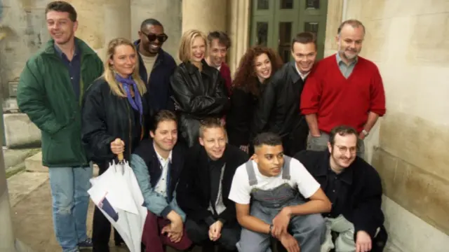 Steve Wright pictured with colleagues including Simon Mayo on the steps of All Souls with other Radio 1 presenters in 1993