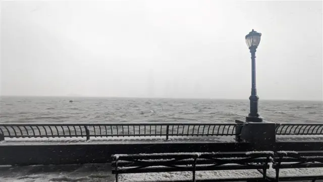 Bench, fence, water, lamppost