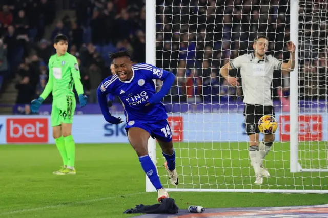 Abdul Fatawu celebrates scoring against Sheffield Wednesday