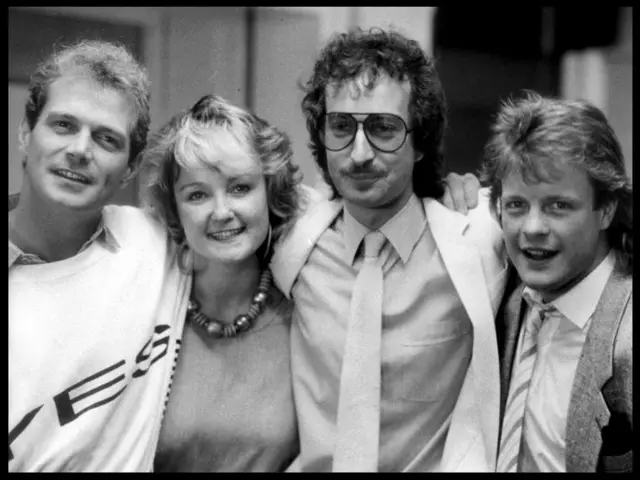 DJ Steve Wright is seen along with Peter Powell, Janice Long and Bruno Brookes in this archival picture from 1984 as they're introduced as Radio 1s new autumn line-up for the year