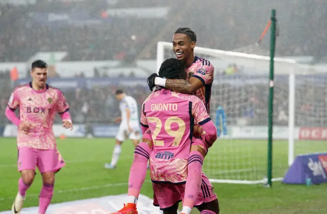 Leeds celebrate Willy Gnonto's second goal against  Swansea