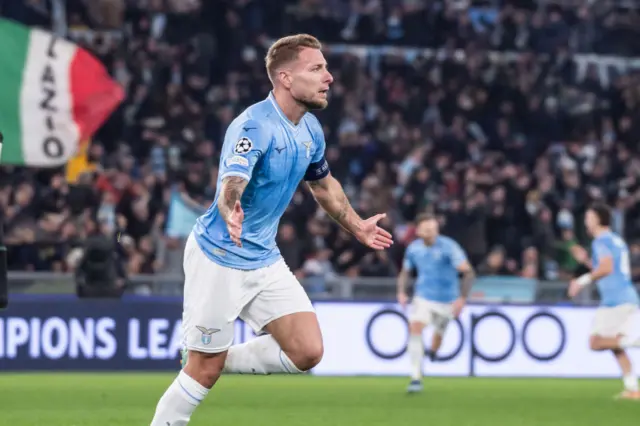 Ciro Immobile celebrates scoring for Lazio in the UCL v Celtic.