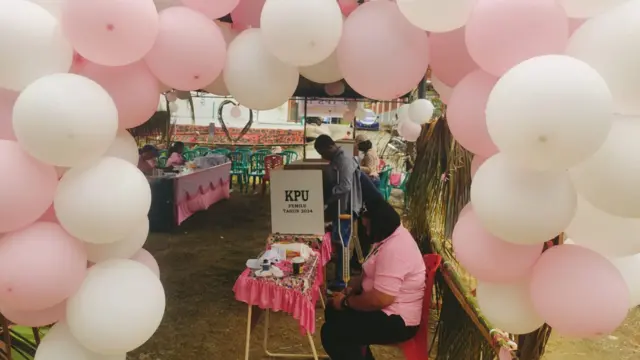 A polling booth in Jayapura, Papua decked out in Valentine-themed decoration