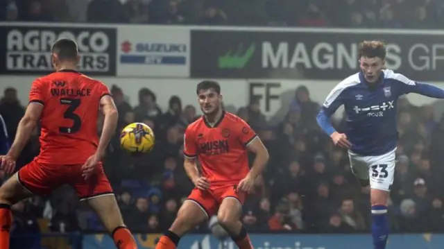 Nathan Broadhead heads in Ipswich Town's third goal in a 3-1 against Millwall at Portman Road