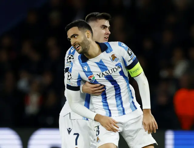 Merino reacts to nearly scoring a wonder goal at PSG.