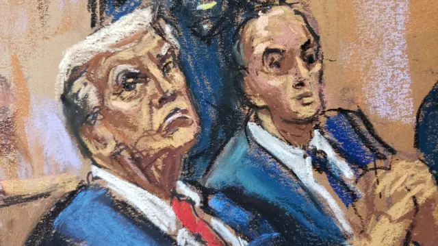 A sketch of Donald Trump in the courtroom, listening to as his lawyer Todd Blanche (not seen) argues with Judge Juan Merchan (not seen)