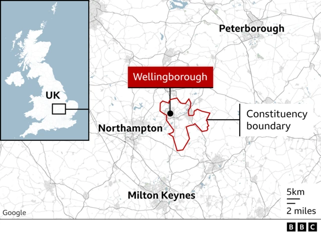 A map showing the location of the Wellingborough constituency, close to Northampton