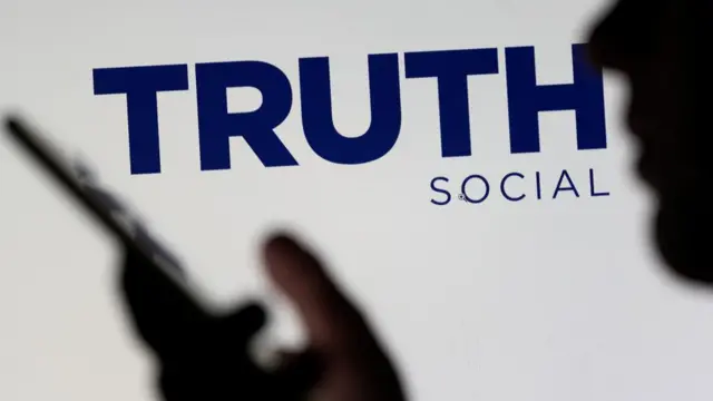 A Truth Social icon is seen on a white backdrop