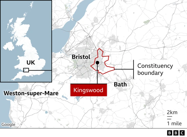 A map showing the location of the Kingswood constituency near Bristol