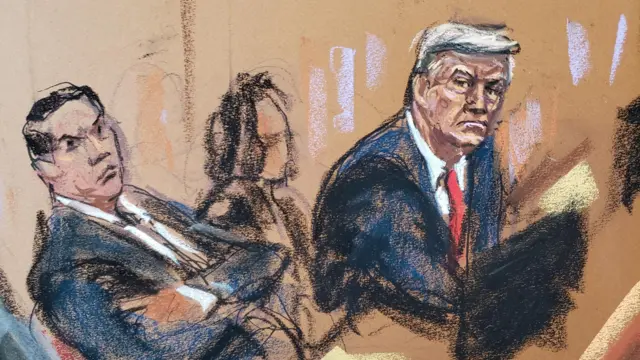 A court sketch of Donald Trump in a New York courtroom.