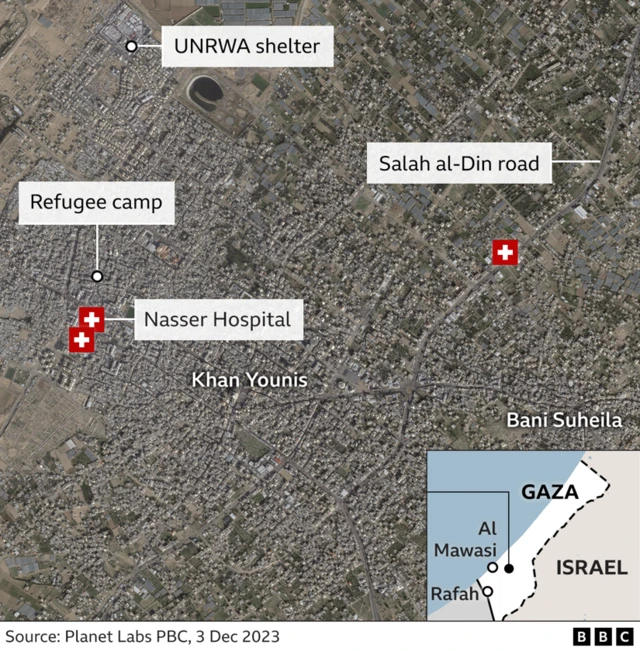 A map showing the location of Nasser Hospital in Khan Younis