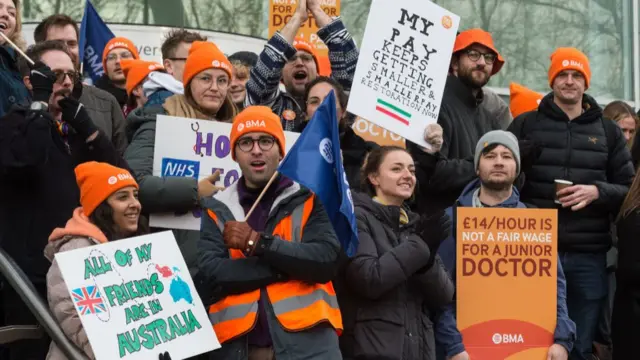 Junior doctors join a picket line outside the University College London Hospital in December