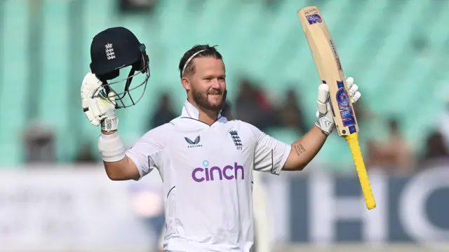 Ben Duckett celebrates his century for England against India