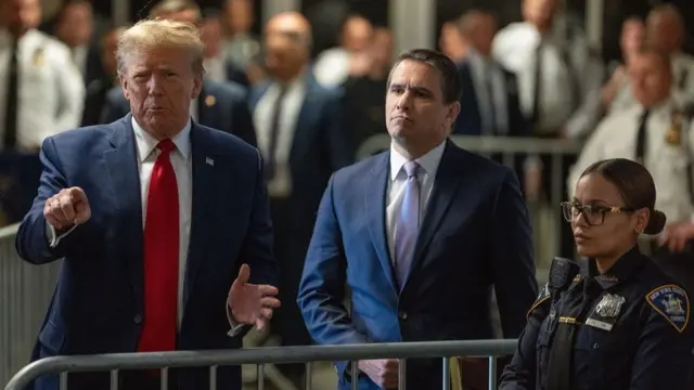 Former US resident Donald J. Trump speaks after a pre-trial hearing for the alleged hush money paid to Stormy Daniels in New York, New York, USA, 15 February 2024. Trump is facing 34 felony counts of falsifying business records related to payments made to adult film star Stormy Daniels during his 2016 presidential campaign. Former President Trump leaves hush-money hearing in New York, USA - 15 Feb 2024