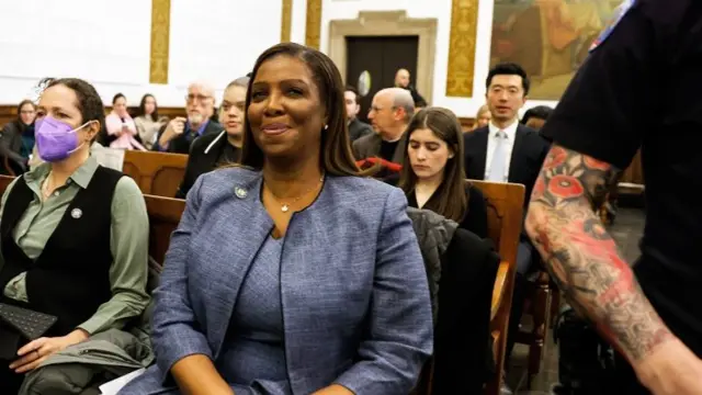 New York State Attorney General Letitia James (R) attends closing arguments in the Trump Organization civil fraud trial at New York State Supreme Court in the Manhattan borough of New York, New York, USA, 11 January 2024. Trump is facing up to a 370 million US dollar fine for inflating the value of assets to get favorable loans from banks.